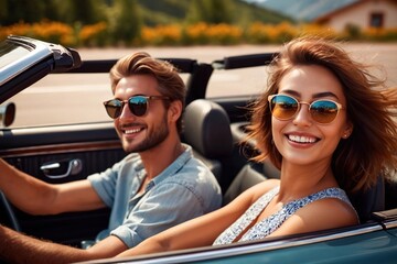 Happy friends driving in summer road trip, cool leisure lifestyle