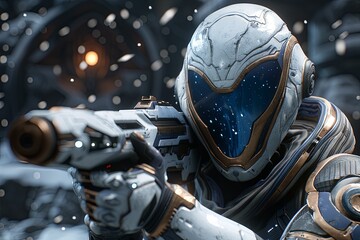 Fototapeta premium Future Warrior: Exquisite Figure Wielding Advanced Armament in Intricate Digital Artistry