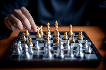 Player chess board game between silver team and golden team is strategy game as challenge...