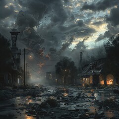 Depict a bleak, post-apocalyptic world where food-related landmarks dominate the landscape, casting ominous shadows under a moody noir sky, creating an otherworldly atmosphere