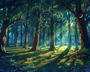 Create a mesmerizing fantasy scene of a mystical forest bathed in ethereal moonlight Enchant viewers with towering