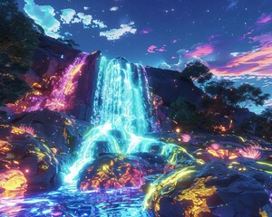 Imagine a vast digital landscape, where a crystal-clear waterfall flows down glowing rocks under a technicolor sky, in a vibrant and dynamic CG 3D rendering