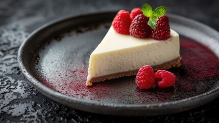 Cheesecake with raspberries and mint on a black plate.