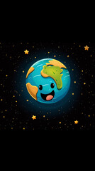 Fototapeta premium This 3D rendering depicts the Earth with a charming cartoon face against a starry sky background, rendered in a colorful and playful style. The Earth is portrayed with a cute expression