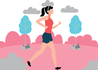 The girl is running wearing headphones.
