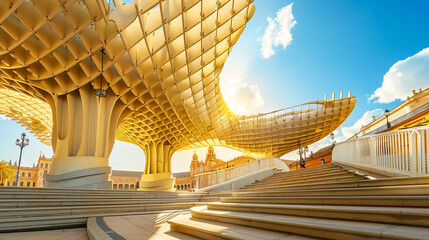 Naklejka premium Contemporary symmetrical metropol parasol structure under sunny sky of seville in spain abstract background