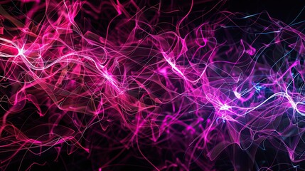 A visually striking plexus of magenta and violet lines and nodes that twist and turn on a jet-black background including a significant amount of copy space for text integration