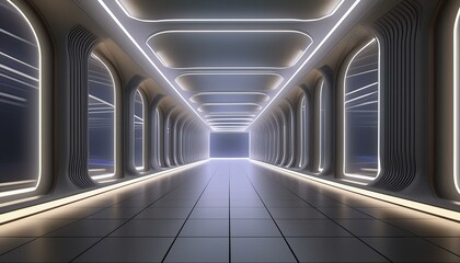 Futuristic architecture background empty geometric interior with glowing lamps in dark tunnel 3d...