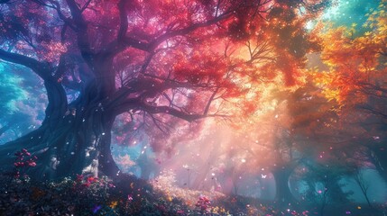 The image is a depiction of a magical forest