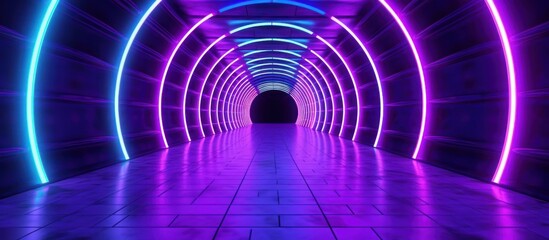 Futuristic tunnel with purple neon lights. 3d rendering background