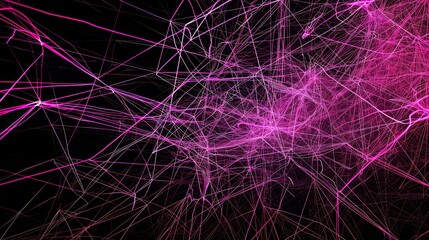 A visually striking plexus of magenta and violet lines and nodes that twist and turn on a jet-black background including a significant amount of copy space for text integration