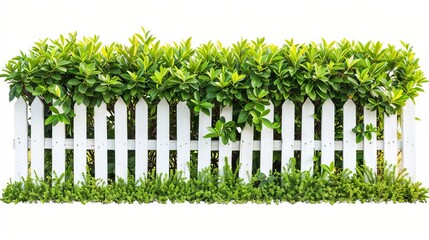 lush green bushes neatly trimmed over white picket fences isolated on white background