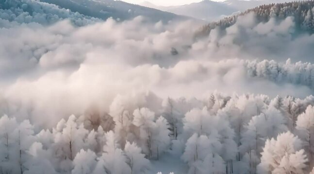White frost covered trees in winter forest at foggy sunrise Aerial view Road in the mountains 