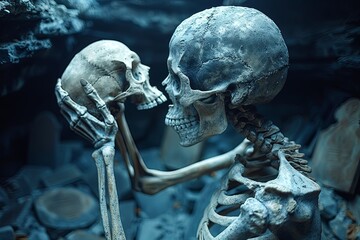 Skeleton with Skull in Spooky Graveyard: Dark and Detailed