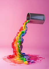 Rainbow-colored sour strip shoots out of the can under pressure.Minimal creative food concept.