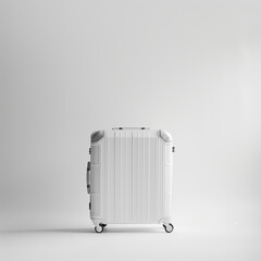 White suitcase on a white surface.Photograph with a completely white background, showcasing white elements.Minimal creative travel concept.	