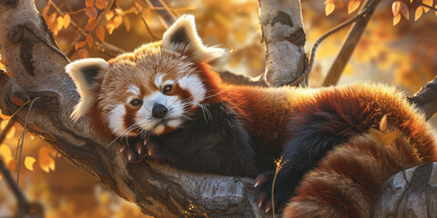 An image of an adorable red panda lounging in a tree, with its fluffy fur and bushy tail wrapped...