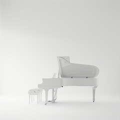 white piano in a white room.Photograph with a completely white background, showcasing white elements.Minimal creative musical and interior concept.