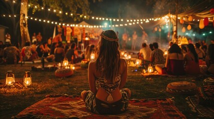The image is a night view of a beach party. There are many people dancing and having fun. The lights are dim and the atmosphere is relaxed.