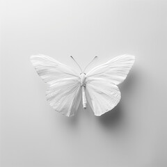 White butterflay on a white background. Photograph with a completely white background, showcasing white elements. Minimal creative nature concept.