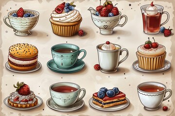 Whimsical 2D Tea Party: Charming Teacups & Pastries Icons