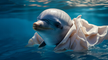 sophisticated dolphin wears a bespoke silk scarf, accentuated by a pearl necklace and diamond earrings