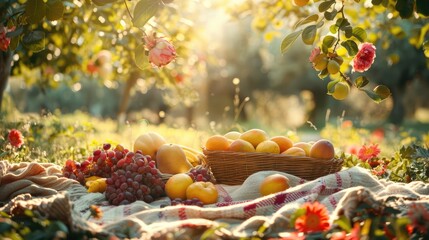 There is a picnic blanket with a wicker basket full of lemons and apples laying on it - Powered by Adobe