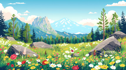 Panoramic view of big mountains and beautiful meadows with flowers. Flat cartoon landscape with nature Stock vector illustration
