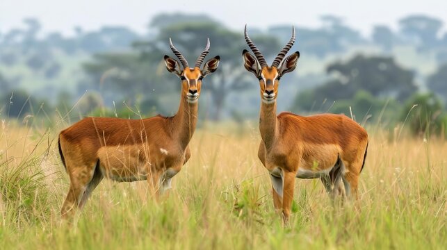 majestic reddishbrown antelope kobus kob thomasi male and female uganda kob in natural savanna habitat wildlife photography