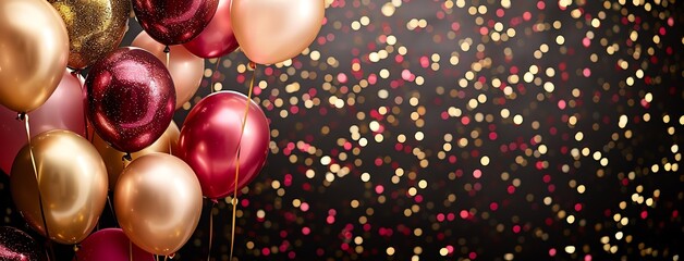 Birthday banner design featuring luxurious gold, pink, and red balloons, adding a touch of luxury.