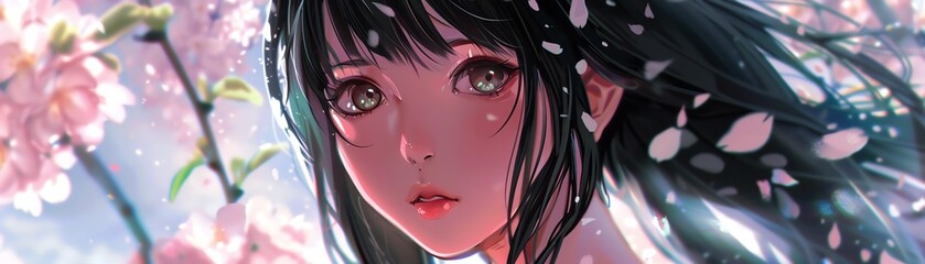 Fototapeta premium Bring your advertisement to life with a manga comicstyle banner featuring a captivating girl character set against a simple white backdrop