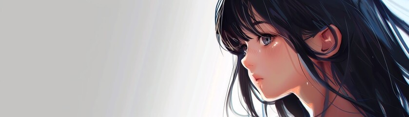 Naklejka premium Bring your advertisement to life with a manga comicstyle banner featuring a captivating girl character set against a simple white backdrop