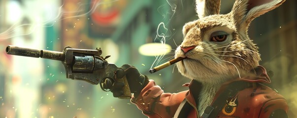 Discover a distinct rabbit character, armed with a cigar and gun, amidst the tumultuous cityscape, depicted in breathtaking 3D animation by a highly acclaimed illustrator