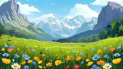 Panoramic view of big mountains and beautiful meadows with flowers. Flat cartoon landscape with nature Stock vector illustration