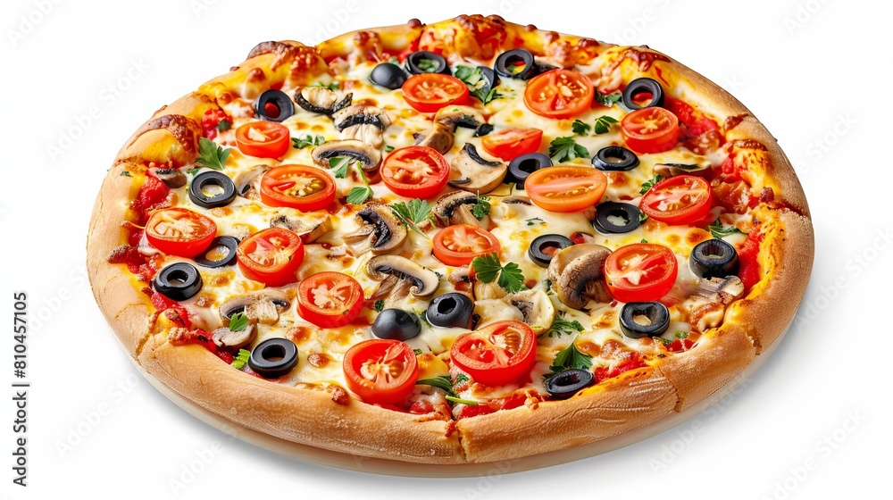 Wall mural mouthwatering vegetarian pizza with champignon mushrooms tomatoes mozzarella peppers and black olive