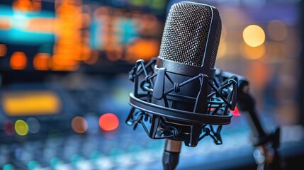A close-up photo of a retro microphone at a concert. Aesthetic attractive background. Generative AI