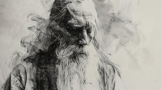 mystical bearded sage introspective black and white portrait sketch