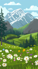 Panoramic view of big mountains and beautiful meadows with flowers. Flat cartoon landscape with nature Stock vector illustration