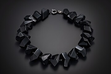 A bold, chunky choker necklace made of black onyx stones, against a matte black background