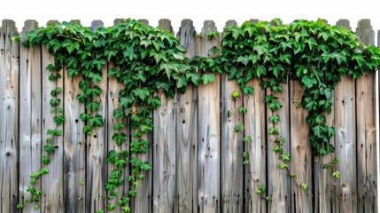 old wooden fence overgrown with weaving green ivy leaves isolated on white