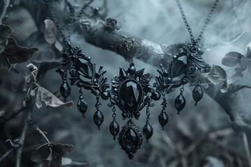 A Gothicinspired black metal necklace with crystal pendants, displayed in a foggy, moody setting