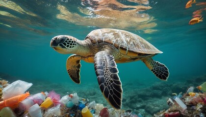 Fototapeta premium A Serene Swim Amidst Pollution: A Sea Turtle's Tale of Environmental Contrast 