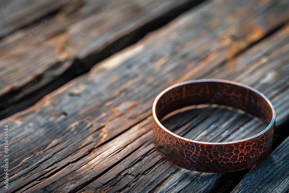 Wall mural a rustic copper bangle with hammered textures, lying on aged wooden planks