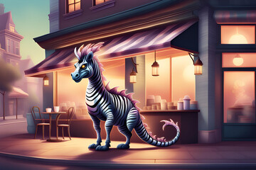 A zebra-striped dragon stood in front of a coffee shop