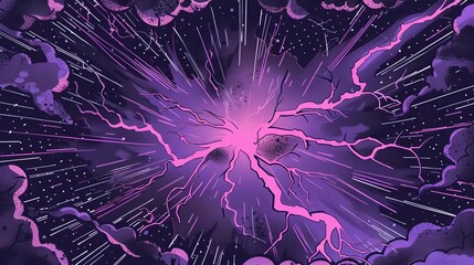 retro comic book style dark purple lightning strikes on vintage patterned background pop art illustration