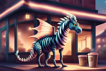 A zebra-striped dragon stood in front of a coffee shop
