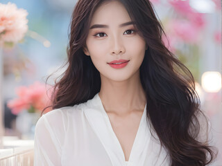 Naklejka premium a asian woman with long hair and a white shirt suitable for clinic
