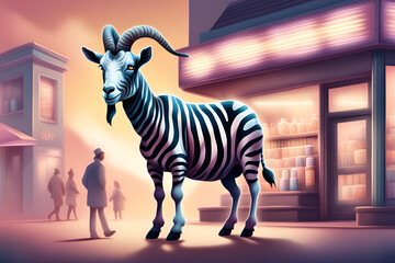 A zebra-striped goat stood in front of a drugstore