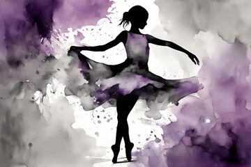 Abstract art of young girl dancing with a dress. color scheme purple, gray, black and white
