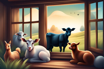Farmhouse animals behind the wooden window